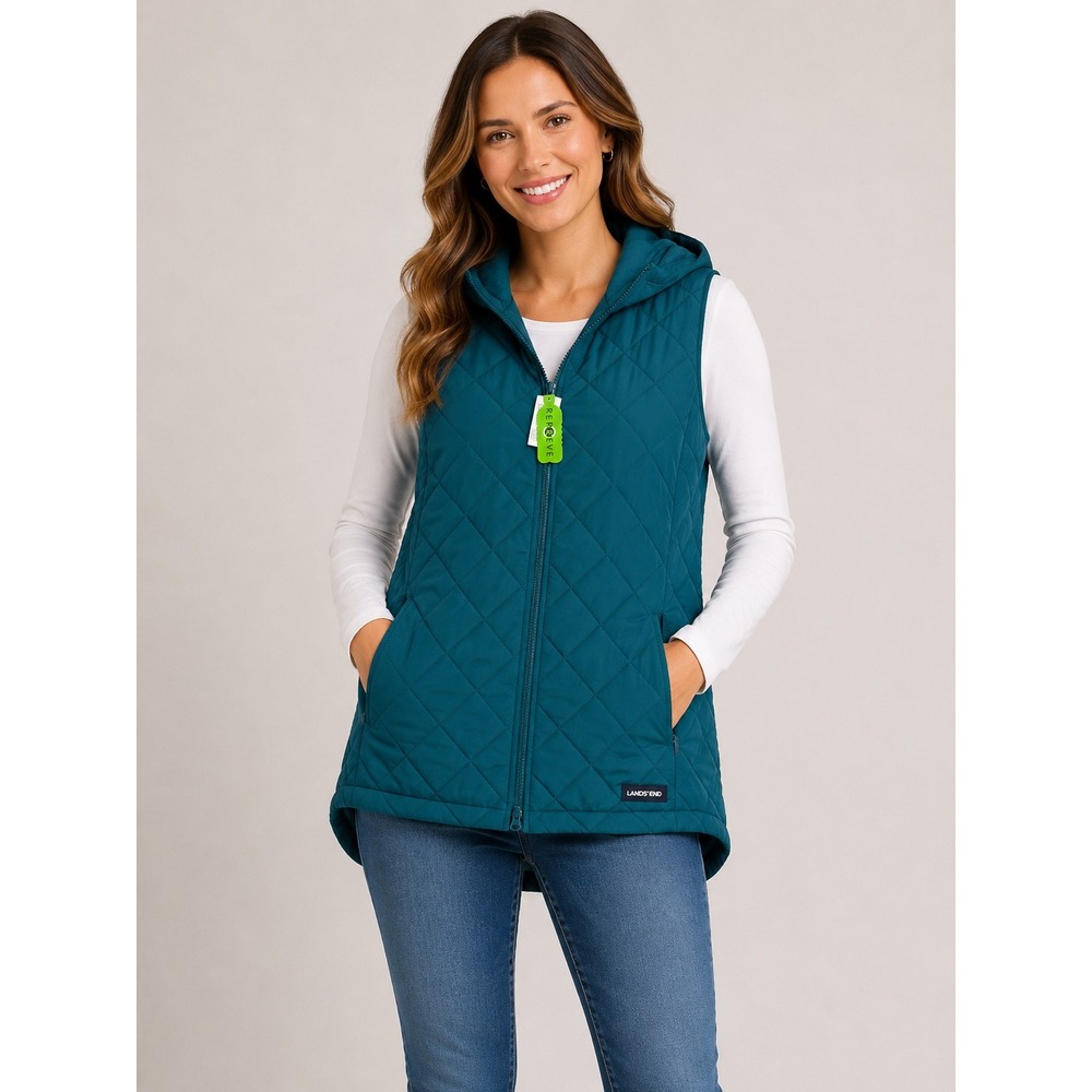 Lands End Womens Teal Quilted Hooded Vest Repreve Recycled Insulation Size 14-16